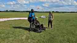 In a special wheelchair for disabled flights